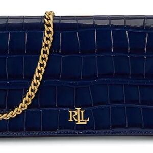 Ralph Lauren Navy Croc-Embossed Leather Chain Clutch
